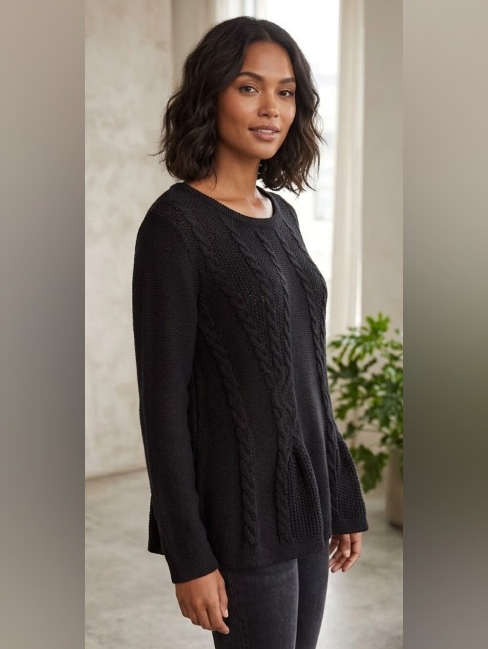 Hannah Black Cable Knit Textured Peplum Pullover Sweater